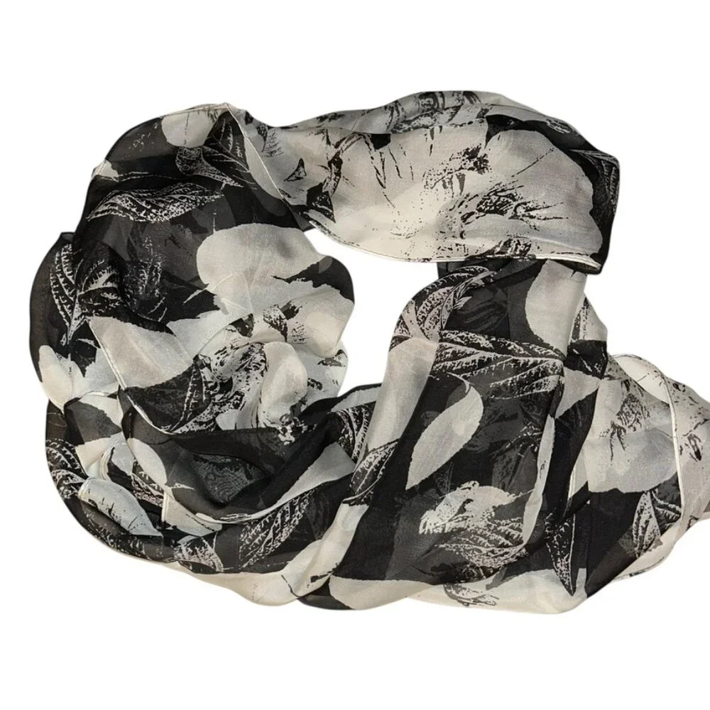 anne klein 100% SILK black white classic handkerchief floral flowers scarf 18x71